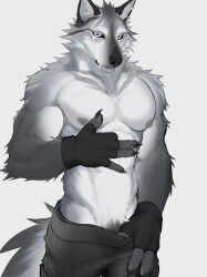 2026 abs anthro areola arm_tuft biceps black_ears black_eyes black_nose boxers_(clothing) canid canine canis cheek_tuft claws clenched_teeth clothed clothing digital_drawing_(artwork) digital_media_(artwork) facial_tuft fangs fingerless_gloves fluffy fluffy_tail fur fur_markings genitals gloves grey_areola grey_background grey_nipples grey_penis hand_on_underwear handwear hi_res kojiray looking_at_viewer male mammal markings multicolored_body multicolored_fur muscular muscular_anthro muscular_male narrowed_eyes neck_tuft nipples obliques pecs penis penis_base pubes pupils removing_underwear seductive shoulder_tuft simple_background smile smiling_at_viewer smirk smirking_at_viewer solo tail teeth topless tuft underwear white_pupils wolf