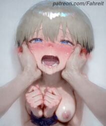 1boy 1girl 1girls 1other ai_generated arms_up artist_name bdsm blonde_hair blue_eyes blush bondage bound bound_wrists breasts breasts_squeezed_together collarbone completely_nude crying crying_with_eyes_open ear_blush fahreit grey_background grey_hair hair_between_eyes half-closed_eyes hands_on_another's_cheeks hands_on_another's_face hands_up hetero large_breasts looking_at_viewer lower_teeth_only medium_breasts multicolored_hair nipples nose_blush nude open_mouth oral_invitation out_of_frame patreon patreon_username pov pov_hands restrained rope saliva saliva_trail short_hair simple_background skin_fang snot solo_focus stable_diffusion sweat sweating sweaty sweaty_body tearing_up tears teeth tongue torogao upper_body uvula uzaki-chan_wa_asobitai! uzaki_hana