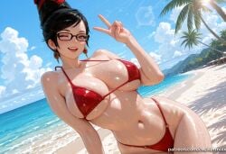 1girl ;d ai_generated bangs bare_shoulders bayonetta bayonetta_(character) beach bikini black-framed_eyewear black_hair blue_sky blush breasts cloud collarbone day earrings glasses hair_bun highleg jewelry kermixx large_breasts looking_at_viewer mole navel ocean one_eye_closed open_mouth outdoors palm_tree red_bikini sand shiny shiny_skin short_hair skindentation sky smile solo stomach swimsuit tree v wet