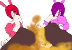 1boy 2girls ass big_breasts breasts bunny_ears face_in_ass facefart facesitting fart fart_fetish red_eyes red_hair violet_eyes violet_hair