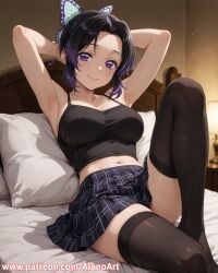 1girl ai_generated aianoart armpits arms_behind_head arms_up black_hair black_thighhighs breasts butterfly_hair_ornament closed_mouth collarbone demon_slayer gradient_hair hair_ornament indoors kimetsu_no_yaiba knee_up kochou_shinobu lamp looking_at_viewer midriff multicolored_hair navel no_shoes on_bed parted_bangs pillow plaid plaid_skirt pleated_skirt purple_eyes purple_hair shinobu_kocho short_hair skirt smile solo thighhighs thighs zettai_ryouiki