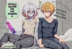 1boy 1girl ai_assisted ai_generated big_bulge briar_(league_of_legends) bulge bulge_under_clothes comic comic_page dildo evil_smile futa_with_male futanari huge_balls huge_cock league_of_legends neptuwaifu scared smile surprised text