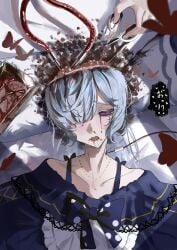 1girl absurdres bare_shoulders black_ribbon blood blood_from_eyes blood_from_mouth blood_on_face blood_on_scissors blue_dress blue_hairband bow brain bug butterfly cable_insertion commentary_request crescent crescent_necklace dress dress_bow exposed_brain frilled_dress frilled_hairband frills gothic_lolita guro hair_over_one_eye hair_ribbon hairband highres holding holding_scissors jewelry lolita_fashion lolita_hairband long_hair looking_at_viewer mahou_shoujo_no_majo_saiban natsume_an-an necklace nosebleed off-shoulder_dress off_shoulder open_mouth polka_dot polka_dot_bow purple_eyes red_butterfly ribbon scalpel scissors solo sugararu surgery surgical_scissors white_hair