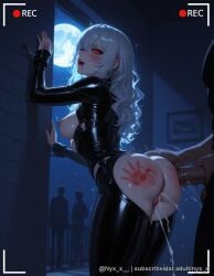 1boy 1girl against_wall ai_generated anus ass ass_grab bangs bdsm bent_over blood blush bodysuit breasts breasts_out censored cum cum_in_pussy dark-skinned_male erection explicit from_behind full_moon glowing_eyes hair_between_eyes hetero large_breasts long_hair long_sleeves looking_at_viewer looking_back moon night night_sky nipples nyx_x open_mouth penis pussy pussy_juice recording red_eyes sex sex_from_behind sky slap_mark solo_focus spanked standing trembling uncensored white_hair