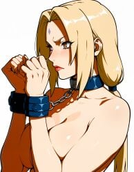 1girls ai_generated blonde_hair brown_eyes collar lipstick naruto naruto_(series) red_lipstick restrained restrained_arms solo solo_focus tagme wrists_bound wrists_tied wrists_tied_together