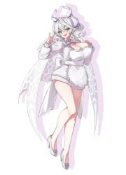 1girl alternate_costume apron breasts cleavage demon_girl demon_horns demon_wings dress duel_monster earrings full_body grey_eyes grey_hair hand_on_breast hi_res horns jewelry labrynth_of_the_silver_castle large_breasts lovely_labrynth_of_the_silver_castle low_wings maid multiple_wings open_mouth pointy_ears simple_background smile solo standing thighs white_background white_dress white_wings wings yu-gi-oh!