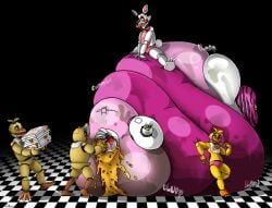 belly chica_(fnaf) eating fat force_feeding funtime_foxy_(fnaf) glamrock_chica_(fnaf) mangle_(fnaf) morbidly_obese morbidly_obese_female pizza toy_chica_(fnaf) withered_chica