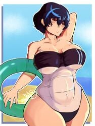 1girl 1girls arm_up big_boobs big_tits big_titties blue_highlights blush blush_lines blushing boob_squish breast_squeeze breasts breasts_bigger_than_head dark_hair dark_hair_female fat_boobs fat_breasts fat_thighs fat_tits fat_titties floatie gris_swimsuit guilty_gear guilty_gear_strive huge_boobs huge_breasts huge_tits jinaarts_(artist) large_boobs large_breasts large_thighs large_tits large_titties looking_at_viewer looking_down_at_viewer red_eyes simple_background standing sweat sweatdrop sweating swimsuit swimsuits swimwear thick_thighs tummy unika_(guilty_gear)