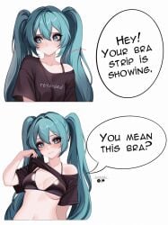 blue_hair blush bra bra_strap_is_showing_(meme) dialogue female female_only hatsune_miku looking_at_viewer luchikki shirt_up smile smiling_at_viewer text