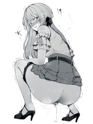 1girl anus armband ass bar_censor belt blush bow censored commentary earrings elbow_gloves female_pubic_hair frilled_armband frills gloves greyscale hair_bow high_heels highres jewelry long_hair looking_at_viewer mikogami_kotone monochrome nijisanji panties panties_around_one_leg panties_around_thighs parted_lips pubic_hair pussy pussy_juice sidelocks solo squatting underwear virtual_youtuber white_background x4824