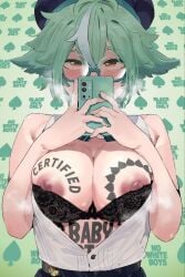 1girl ai_generated animal_ears anime_style bbc bbc_addict black_baby black_lace_bra blacked blacked_queen blacked_wrld blush body_writing breast_tattoo breeding breeding_cow clothing_aside curvy dark-skinned_male drool erect_nipples explicit exposed_breasts genshin_impact glasses green_hair heavy_makeup highres holding_phone huge_ass huge_breasts indoors interracial large_breasts light-skinned_female mind_break mirror_selfie nipples open_mouth puffy_nipples queen_of_spades saliva shirt_lift short_hair solo spade_tattoo standing submissive_female sucrose_(genshin_impact) sweat sweatdrops tattoo text thick_bbc thick_thighs tongue_out voluptuous white_shirt wide_hips