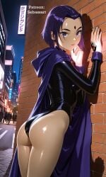 against_wall ai_generated ass ass_focus back_view blush cape costume fit leotard looking_at_viewer mature_female paid_reward_available patreon petite purple_hair raven_(dc) sebassart sexy short_hair slim_waist solo superheroine teen_titans thick thick_ass thick_thighs thighs tight_clothing wet