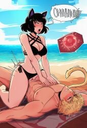 1boy 1girl abs ahegao ai_generated animal_ears animal_tail assertive_female beach beach_towel bikini bikini_bottom_aside black_bikini black_hair blake_belladonna blonde_hair blue_eyes blue_sky blush breasts cat_boy cat_ears cat_girl cheating_(relationship) cleavage clothed_female_nude_male clothed_sex clothing clothing_aside cloud cowgirl_position cum cum_in_pussy cum_overflow day english_text female fertilization fucked_silly girl_on_top hetero impregnation large_breasts lying male motion_lines muscular muscular_male nakadashi navel nipples nude ocean on_top open_mouth outdoors ovum penis pussy red_eyes rolling_eyes rwby sand semen sex short_hair side-tie_bikini_bottom sky speech_bubble sperm_cell spread_legs straddling sun_wukong_(rwby) swimsuit swimsuit_aside tail teeth tongue tongue_out towel vaginal water yellow_eyes