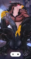 absurd_res animal_genitalia animal_penis anthro avian balls big_balls big_penis black_body blush bodily_fluids brown_body cum ejaculation equine_genitalia equine_penis feet genital_fluids genitals gryphon hi_res huge_cock laobai long_penis male medial_ring muscular muscular_anthro muscular_male mythological_avian mythological_creature mythology nude_anthro nude_male penis recording recording_video sitting solo talons thick_thighs toes