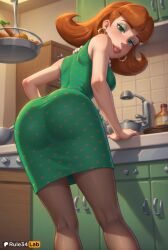 1girls ai_generated artist_name ass bent_over black_pantyhose blush breasts brown_hair dress earrings food from_behind green_dress green_eyes hi_res hoop_earrings indoors jewelry jimmy_neutron_boy_genius judy_neutron kitchen kneepits leaning_forward lips looking_at_viewer looking_back makeup mole necklace nickelodeon orange_hair pantyhose patreon_username pearl_necklace polka_dot_dress rule34lab sleeveless smile solo
