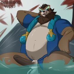 absurd_res anthro ass ball balls bear belly bottomless clothed clothing drawinggwolf eyebrows foreskin fur genitals grin hi_res hot_spring humanoid league_of_legends male mammal markings meta musclegut muscular nude outside overweight partially_submerged penis pubes relaxing riot_games robe rock ruff sky smile solo solo_focus spirit_blossom_springs_volibear spreading spring stocky tencent topwear tuft uncircumcised volibear water wet