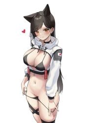 absurdres animal_ears atago_(azur_lane) atago_(space_atago)_(greyeth)_(azur_lane) azur_lane bikini bikini_pull black_bikini black_choker black_hair breasts choker cleavage closed_mouth clothes_pull commentary commission cowboy_shot cropped_jacket dong_ji extra_ears female framed_breasts heart highres jacket large_breasts long_hair long_sleeves looking_at_viewer navel orange_eyes pulling_own_clothes pussy second-party_source simple_background skindentation smile solo stomach string_bikini swimsuit thigh_strap thighs uncensored unzipped very_long_hair white_background white_jacket