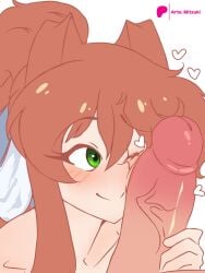 1boy 1girls arte_mitzuki artemitzuki_(artist) big_penis blush brown_hair cock cock_against_cheek doki_doki_literature_club duo female green_eyes hair hair_ribbon hairbow hairbow happy_female heart long_hair male monika_(doki_doki_literature_club) one_eye_closed one_eye_open penis penis_against_cheek penis_against_face smile smiling