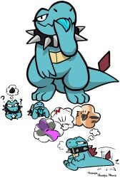 animal_genitalia animal_vulva anthro anus blush canine_genitalia canine_vulva cloaca collar cunnilingus_gesture female generation_1_pokemon generation_2_pokemon generation_3_pokemon generation_7_pokemon genitals gesture growlithe male nintendo pokemon pokemon_(species) salazzle sitting solo spiked_collar spikes suggestive suggestive_gesture tail_thumping thinking_about_pussy thought_bubble thumping totodile trout_(artist) zangoose
