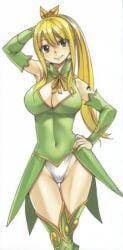 arm_behind_head blonde_hair brown_eyes cleavage_cutout covered_navel detached_sleeves edited fairy_tail hand_on_hip high_ponytail highleg_leotard large_breasts long_hair lucy_heartfilia mashima_hiro ponytail thigh_boots upscaled