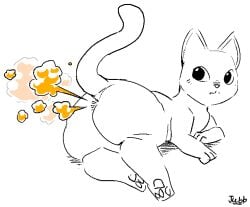 2023 ambiguous_gender anus artist_name ass barely_visible_anus blush blush_lines butt_focus domestic_cat fart fart_cloud felid feline felis feral jubb looking_back lying mammal on_side orange_fart_cloud pawpads raised_tail rear_view simple_background solo tail text white_background