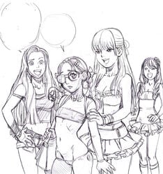 4girls anna_(tekuho) breasts glasses hoop_earrings july_(tekuho) lowleg monochrome nerd purse revealing_clothes rough_sketch shorts sketch skirt small_breasts tammy_(tekuho) teen teenage teenager tekuho