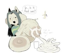 :3 anthro areola big_breasts big_nipples blush bodily_fluids breast_play breast_squish breasts container cup excessive_lactation female grey_hair hair hi_res huge_breasts hyper hyper_breasts lactating lactation nipples offmoss1 puffy_areola simple_background solo speech_bubble squish sweat sweatdrop tem temmie_(undertale) text undertale undertale_(series) white_body