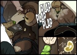 anthro anus ass backsack balls bodily_fluids bovid brown_body brown_fur caprine caprine_demon comic cum cum_in_uterus cum_inside cumshot curved_horn demon duo ejaculation elden_ring_nightreign elin_(psychorodent) erection fellatio female female_penetrated from_front_position fromsoftware fur genital_fluids genitals goat goat_demon green_penis hi_res horizontal_pupils horn horn_grab impregnation interspecies libra_creature_of_night male male/female male_penetrating male_penetrating_female mammal mating_press multi_eye oral ovum penetration penile penis plap psychorodent pupils pussy sex snatyr sperm_cell uterus vaginal_fluids vaginal_penetration vulva