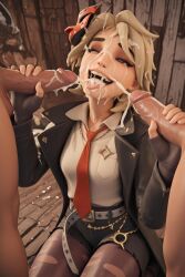 3d ai_generated cum cum_in_mouth cum_on_face cum_on_tongue double_handjob fortnite joni_(fortnite) on_knees open_mouth smile tongue_out