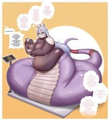 1girls bbw chubby chubby_female english_text female lamia monster_musume_no_oisha-san morbidly_obese morbidly_obese_female obese_female purple_scales saphentite_neikes sauteedloin scale snake_girl weight_conscious weight_gain
