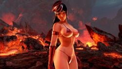 alluring big_breasts bikini black_and_red_and_purple_hair brimstone_and_fire_(stage) cleavage elbow_gloves female hat kitsune_marks kunimitsu_ii kunoichi lava mod namco tekken under_boob volcano