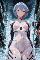 ai_generated arbitrary blue_hair expressionless neon_genesis_evangelion plugsuit pussy raining rei_ayanami see-through short_hair small_breasts wet