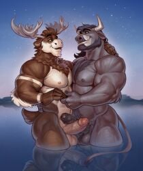 anthro anthro_on_anthro antlers balls barazoku belly_hair body_hair bovid bovine brown_body brown_eyes brown_fur brown_hair cattle cheek_tuft chest_hair chest_tuft closed_smile deer diffuse_moose duo edvardiko erection facial_tuft foreskin fur genitals green_eyes grey_antlers grey_balls grey_body grey_fur grey_penis hair hand_holding hi_res horn humanoid_genitalia humanoid_penis male male/male mammal moose mouth_closed musclegut muscular muscular_anthro muscular_male neck_tuft new_world_deer nude open_mouth open_smile outside partially_submerged pecs penis retracting_foreskin romantic romantic_couple short_hair smile standing star tan_balls tan_body tan_fur tan_penis tuft water