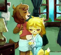 animal_crossing anthro arm_around_waist bathrobe brother_and_sister bulge canine clothing crookedtrees cum cum_through_clothes cum_through_clothing cum_through_underwear digby_(animal_crossing) duo female handjob incest isabelle_(animal_crossing) kneeling male mammal nintendo opposite_sex_twins robe sex shih_tzu shirt siblings straight underwear video_games