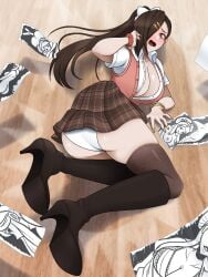boots brown_hair clumsy kagero_(fire_emblem) orochi_(fire_emblem) painting panties school_uniform stockings