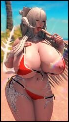 au_ra beach bikini bikini_aside blue_eyes deema female final_fantasy final_fantasy_xiv hair_ribbon heart horn_jewelry horns long_hair looking_at_viewer mature_female nipple_slip nipples popsicle pubic_hair raen saliva saliva_string scales sunlight tail tongue tongue_out very_long_hair white_hair