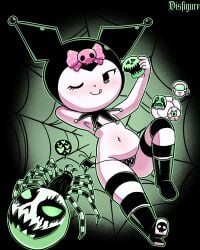 1girls 2020 artist_name belly_button bikini blush boots bow cute cute_face disfigure female halloween halloween_theme kuromi sanrio semi_nude skull smile smiling solo solo_female spider spider_web striped_socks tagme tongue tongue_out wink winking
