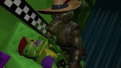 2boys alligator animated animatronic big_cock blue_overalls couch counterpart first_porn_of_character five_nights_at_freddy's five_nights_at_freddy's:_security_breach gooberrealm green_skin holding_leg male_only mohawk montgomery_gator_(fnaf) no_ass one_leg_aside one_leg_up open_mouth overalls pleasure_face purple_eyelids red_eyes red_hair rough_anal sfm source_filmmaker springlock_monty_(fnaf) star_glasses straw_hat two_tone_body