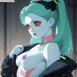 ai_generated animated blowjob bootyshorts breasts breasts_out cyberpunk:_edgerunners cyberpunk_2077 dailylewd deepthroat female gagging handjob highres just_the_tip naked_female nipples_out oral_sex patreon patreon_username perfect_boobs rebecca_(edgerunners) sound story_at_source tagme unzipped_jacket video