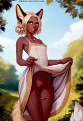 ai_generated blonde_fur blonde_girl blonde_hair blonde_tail blue_sky cute dark-skinned_female dark_skin dark_skinned_female darkskin fluffy_tail furry furry_female horny horny_female lifting_dress lifting_skirt outdoors outside princess ready_to_fuck tight_pussy upskirt young