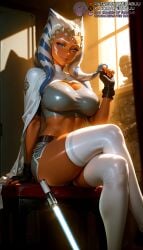 abs ahsoka_tano ai_generated alien belt black_gloves blue_eyes breasts cape cleavage cleavage_cutout cloak clone_wars clothing_cutout colored_skin crop_top crossed_legs dark_skin dolphin_shorts energy_sword facial_tattoo female fingerless_gloves gloves grey_shorts indoors large_breasts lightsaber lips looking_at_viewer lucasfilm meitabuu midriff nose orange_skin patreon_username playing_with_own_hair seductive_smile shiny_clothes shiny_skin short_shorts shorts sitting smile solo_focus sports_bra star_wars star_wars_rebels sword tattoo tentacle_hair thick_thighs thighhighs thighs togruta toned weapon white_thighhighs window
