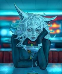 animal_ears artist_name blurry blurry_background bow bowtie cocktail_glass cup depth_of_field dya_rikku_(vtuber) female indoors looking_at_viewer sitting solo vyugen