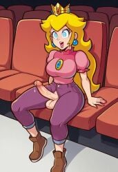 ai_generated big_breasts blonde_hair clothed crown futanari mario_(series) movie_theater nintendo pants princess_peach shirt sitting solo super_mario_bros. super_princess_peach