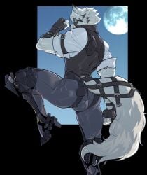 1boy 2024 2d 2d_(artwork) 2d_artwork 3:4 animal_ear_fluff animal_ears animal_humanoid anthro anthro_male ass ass_focus backsack balls_bulge balls_under_clothes belt belt_buckle belts big_ass big_ass_(male) big_bulge black_and_white_fur black_vest bubble_butt bulge canid canine canine_humanoid canis clothed clothed_male clothing collared_shirt color colored cybernetics digital_art digital_drawing_(artwork) digital_media_(artwork) fingerless_gloves fit fit_male fluffy_ears fluffy_tail full_moon fur gloves hoyoverse kukumomo male male_anthro male_only mammal mammal_humanoid mask mihoyo moon pants shirt sleeves_rolled_up snout solo_anthro solo_male straps tactical_gear tail two_tone_body two_tone_fur two_tone_hair variant variant_set vest von_lycaon white_body white_fur white_hair wolf wolf_humanoid zenless_zone_zero