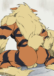 1boy 2018 anthro anthrofied arcanine ass back back_muscles big_ass black_fur black_hair black_hair_bottom butt_focus canine domination fluffy fluffy_tail fur furry gay hair kneeling light_hair_on_dark_hair looking_away male male_only mammal multicolored_fur muscular muscular_male nintendo nude orange_fur pecs pinup pokemon pokemon_(species) pokemon_rgby pokemorph pose quads rear_view signature simple_background sitting solo spread_legs stripes tan_fur tan_hair testicles text thick_thighs triceps tsbellatre video_games wariza watermark white_hair white_hair_on_black_hair white_hair_top wide_hips yaoi