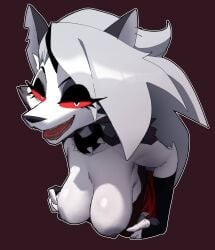 1girls animal_ears animal_nose anthro bangs bare_shoulders black_gloves body_fur breasts canid_demon canine clothes_pull clothing collar colored_sclera coolerinker demon ear_piercing ears elbow_gloves eyeshadow fangs female female_only fingerless_gloves fur furry furry_female gloves goth goth_girl grey_fur grey_hair hair half-closed_eyes happy hellhound helluva_boss inker_comics inkershike jewelry large_breasts leaning_forward long_hair looking_at_viewer loona_(helluva_boss) makeup mammal nipples notched_ear open_mouth red_eyes red_sclera red_shirt sharp_teeth shirt_pull smile snout solo spiked_collar spikes tail teeth two_tone_body two_tone_fur upper_body white_eyes white_fur wolf wolf_girl