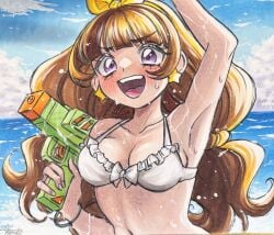 1girls amanogawa_kirara beach breasts brown_hair earrings female female_only go!_princess_precure hi_res highres koyuki_(hmst0_0kyk) light-skinned_female light_skin precure pretty_cure purple_eyes seaside solo star_earrings toei_animation water_gun