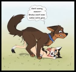 archerteamr bodily_fluids canid canine canis domestic_cat domestic_dog duo felid feline felis female feral fur genital_fluids hi_res jacko_(pixie_and_brutus) male male/female mammal open_mouth pastoral_dog penetration pixie_(pixie_and_brutus) pixie_and_brutus sex simple_background smile tail text