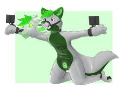 2022 absurd_res anthro bondage bound canid canine chained chains chastity_device collar digital_media_(artwork) drone dronification fauxil_fox_(character) forced fox fur gag gagged green_body green_fur grey_body grey_fur hair hi_res hypnotic_eyes latex latex_transformation male mammal nose_plugs nose_tube null_bulge restraints scottydoesstuff simple_background solo submissive submissive_male tail text transformation