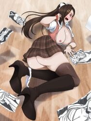 boots breasts breasts_out brown_hair clumsy female kagero_(fire_emblem) orange_nails orochi_(fire_emblem) painting panties panties_around_leg panties_down school_uniform stockings